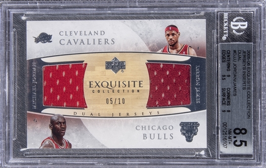 2005-06 "Exquisite Collection" Jerseys Inserts Dual #DJJJ Michael Jordan/LeBron James Game Used Patch Card (#05/10) – BGS NM-MT+ 8.5 